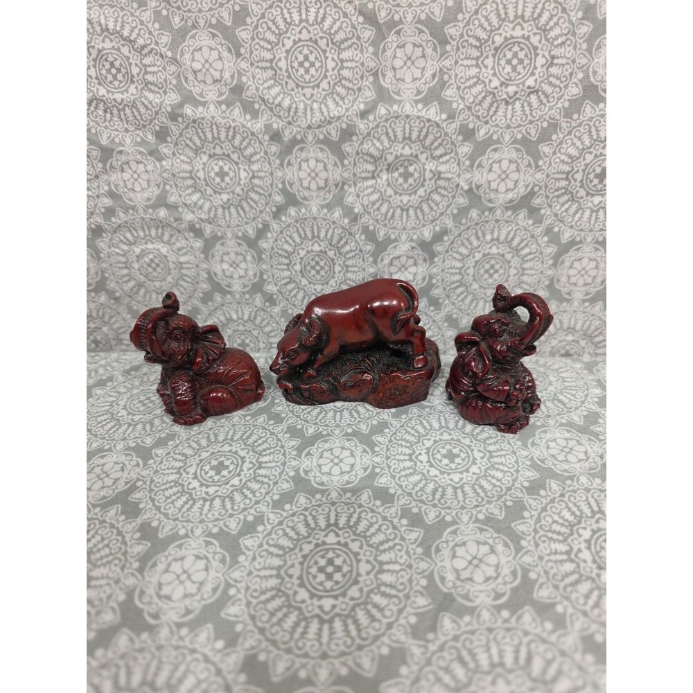 Ox, Elephant Figurine Set Dark Red Asian Zodiac Statues Decor